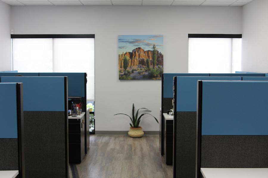 Recorrido por la oficina: área de la oficina principal con divisores de cubículos negros y azules, ventanas grandes, planta en macetas y obras de arte del suroeste