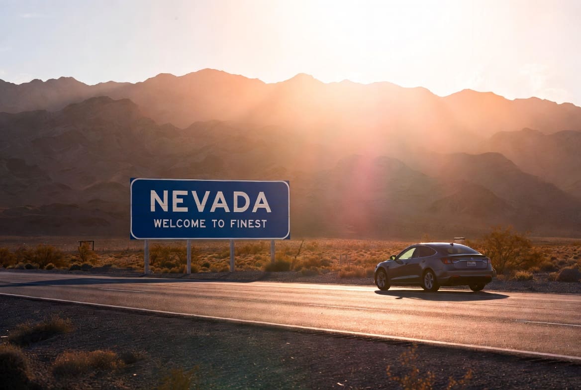Nevada highway with welcome sign representing Nevada auto insurance requirements