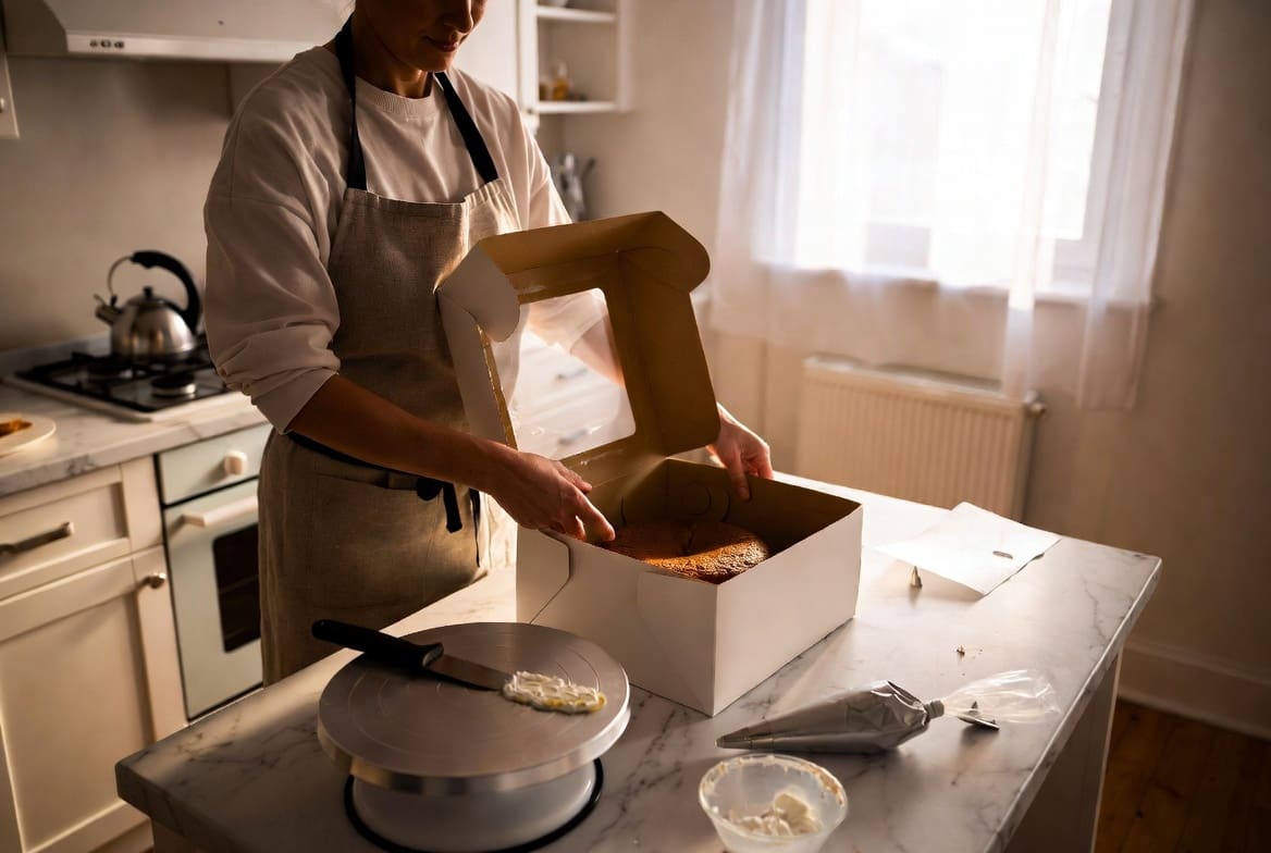 Home based business insurance for a small home bakery packaging an order in a residential kitchen